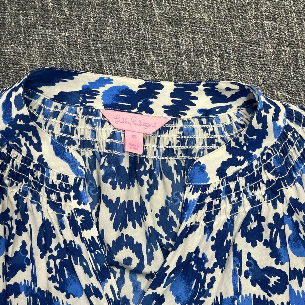 Lilly Pulitzer Blue White Print Long Sleeve Blouse XS Ikat Boho Top - Picture 3 of 4
